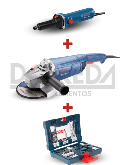DRC0232 - KIT RECTIFICADOR RECTO BOSCH GGS 30 LS PROFESSIONAL 750 W + AMOLADORA ANGULAR GWS 2200-180 + SET DE BROCAS,PUNTAS Y DADOS 41 PZAS X-LINE BOSCH - DRC0232