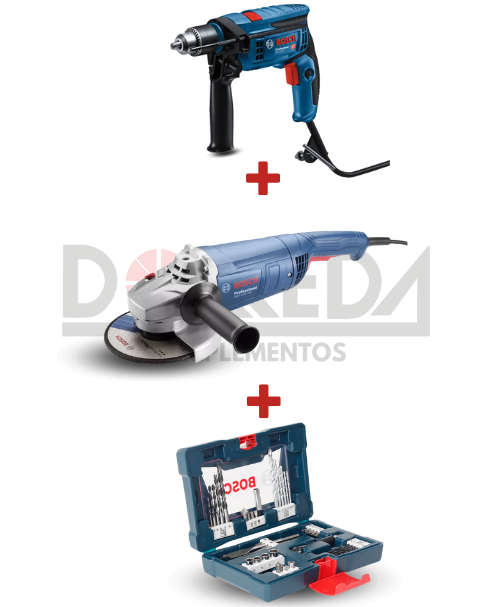DRC0231 - KIT TALADRO PERCUSION GSB 13 RE + AMOLADORA ANGULAR GWS 2200-180 + SET DE BROCAS,PUNTAS Y DADOS 41 PZAS X-LINE BOSCH - DRC0231