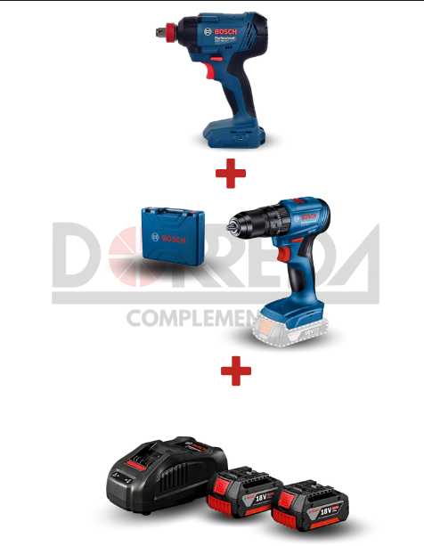 DRC0238 - KIT LLAVE DE IMPACTO GDX 180-LI (127V) + ATORN TALADR D PERC D AC GSB 185-LI + 1600A015TD KIT BOSCH CON 2 BATERÍA GBA 18V 4,0AH, 1 CARGADOR BIVOLT - DRC0238