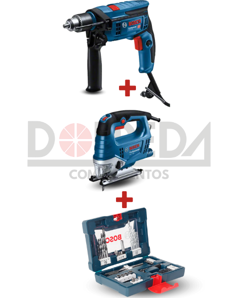 DRC0226 - KIT TALADRO PERCUSION GSB 13 RE + SIERRA DE CALAR GST 750 + SET DE BROCAS,PUNTAS Y DADOS 41 PZAS X-LINE BOSCH - DRC0226