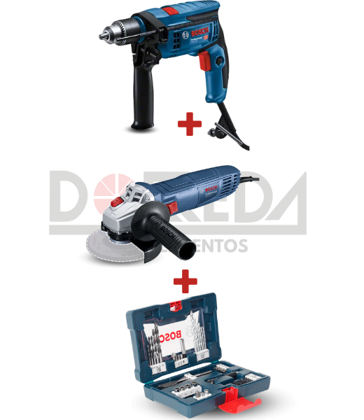 DRC0225 - KIT TALADRO PERCUSION GSB 13 RE + AMOLADORA ANGULAR GWS 700 + SET DE BROCAS,PUNTAS Y DADOS 41 PZAS X-LINE BOSCH - DRC0225