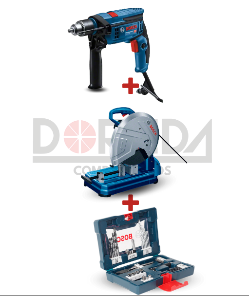 DRC0229 - KIT TALADRO PERCUSION GSB 13 RE + CORTADORA DE METAL BOSCH GC014-24 (127V) + SET DE BROCAS,PUNTAS Y DADOS 41 PZAS X-LINE BOSCH - DRC0229