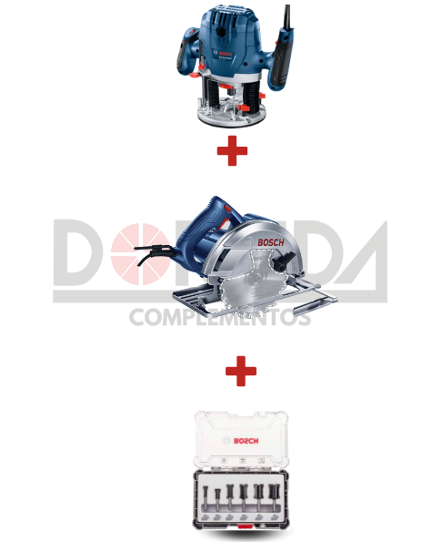 DRC0237 - KIT FRESADORA DE SUPERFICIE GOF 130 + SIERRA CIRCULAR BOSCH GKS 150 + JUEGO DE FRESAS RECTAS BOSCH STANDARD VÁSTAGO DE 1/4" 6 PZS - DRC0237
