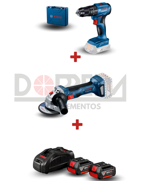 DRC0239 - KIT ATORN TALADR D PERC D AC GSB 185-LI + AMOLADORA ACCU GWS 180-LI + KIT BOSCH CON 2 BATERÍA GBA 18V 4,0AH, 1 CARGADOR BIVOLT - DRC0239