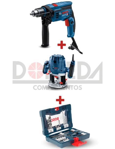 DRC0227 - KIT TALADRO PERCUSION GSB 13 RE + FRESADORA DE SUPERFICIE GOF 130 + SET DE BROCAS,PUNTAS Y DADOS 41 PZAS X-LINE BOSCH - DRC0227