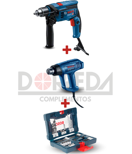 DRC0224 - KIT TALADRO PERCUSION GSB 13 RE + PISTOLA DE CALOR BOSCH GHG 180 1600W 127V + SET DE BROCAS,PUNTAS Y DADOS 41 PZAS X-LINE BOSCH - DRC0224