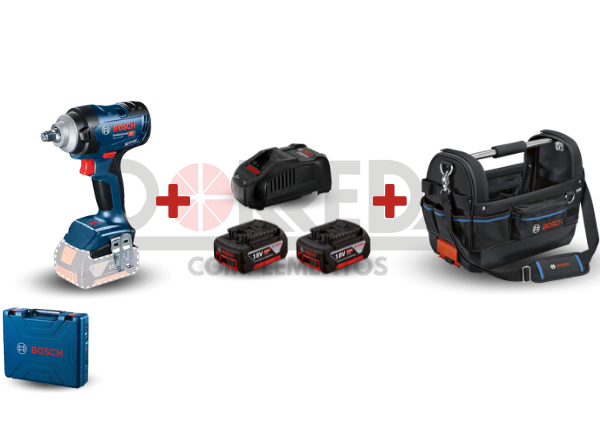 DRC0214 - KIT LLAVE DE IMPACTO INALÁMBRICA GDS 18V-400 + KIT BOSCH CON 2 BATERÍA GBA 18V 4,0AH, 1 CARGADOR BIVOLT + BOLSA GWT 20 - DRC0214